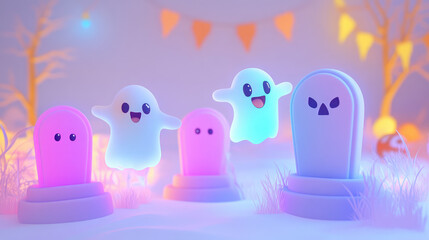 Obraz premium Happy 3D ghosts with large eyes float over pastel graves, surrounded by whimsical Halloween elements in soft tones.