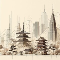 Obraz premium minimal modern and avant garde Aged Day Japan sketches on a white background, 16:9. 3D Rendering.