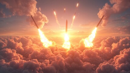Fototapeta premium Dramatic scene of rockets launching through vibrant clouds at sunset, showcasing technology and power in an explosive display.