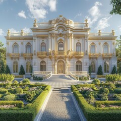 A grand baroque palace with lush gardens