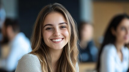 Smiling Young Woman in Modern Indoor Setting