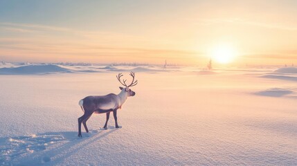 Naklejka premium A peaceful reindeer stands on a snowy landscape, bathed in the warm glow of a beautiful sunrise, creating a serene winter scene.