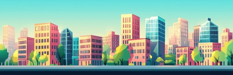A Colorful Cityscape with Tall Buildings and Lush Trees