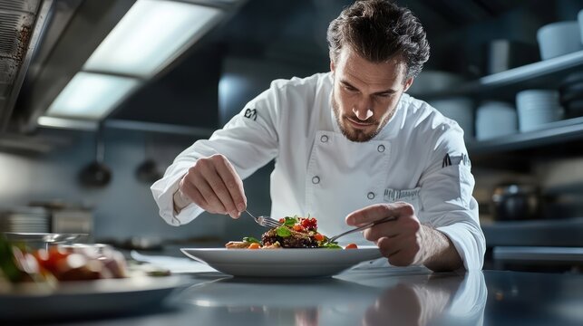 A chef in a white uniform is plating a gourmet meal in a commercial kitchen.
