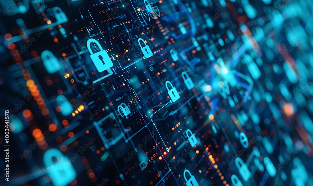 Poster Futuristic Cyber Network with Data Streams and Translucent Security Locks