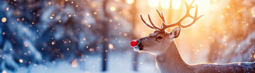 A majestic reindeer in a snowy forest landscape, showcasing its vibrant red nose against a backdrop of falling snowflakes and sunlight.