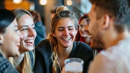 Young adults are laughing and enjoying each other's company in a lively brewery setting, fostering connections and sharing moments of joy over drinks