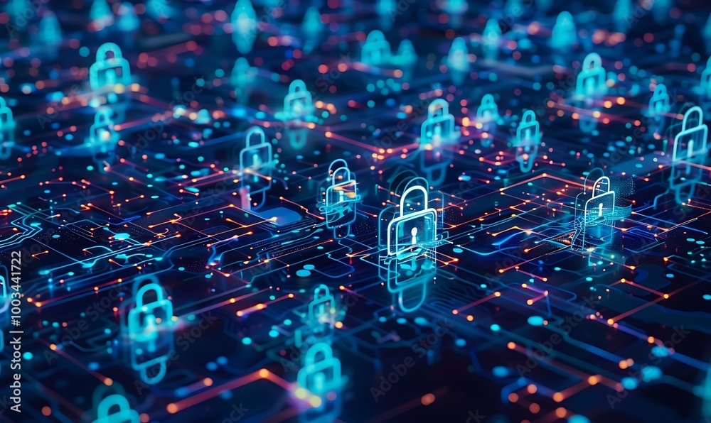 Aufkleber Futuristic Cyber Network with Data Streams and Translucent Security Locks