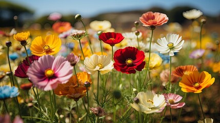 A field of cosmos flowers, with their vibrant hues of pink, yellow, red, and white, create a breathtaking tapestry of nature's beauty.