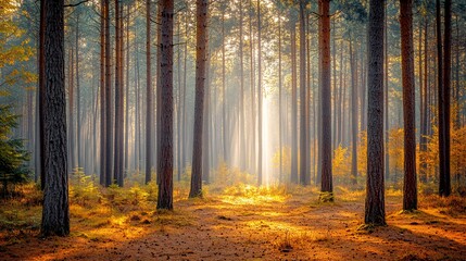 Obraz premium Sunbeams pierce through tall pine trees in a misty autumn forest.