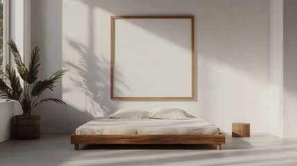 Mock up frame in a spacious empty room with white walls and a modern Scandinavian wooden bed, 3D render 