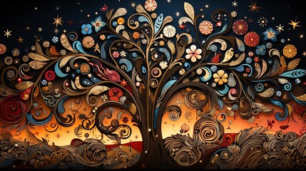 A whimsical and colorful depiction of a stylized tree with intricate branches adorned with flowers, birds, and swirling patterns, set against a dark blue night sky with sparkling stars.