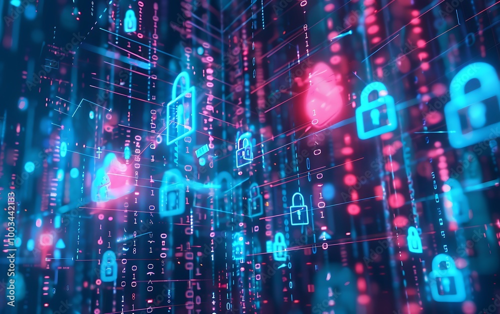 Aufkleber Abstract Digital Flow with Interconnected Nodes and Holographic Lock Symbols