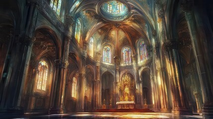 Fototapeta premium Baroque cathedral interior with towering ornate pillars, elaborate frescoes on a domed ceiling, and warm, cascading light entering through stained glass windows in watercolor style