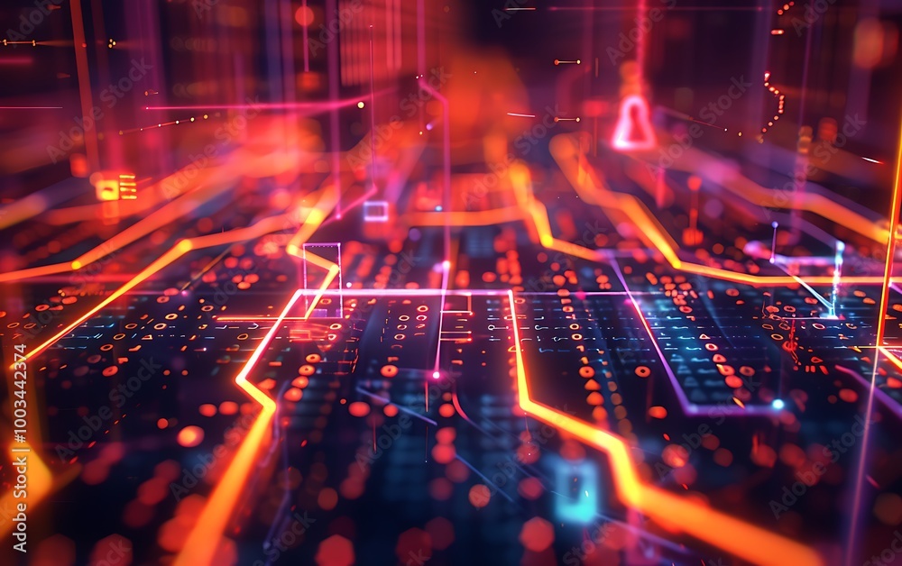 Leinwandbilder abstract digital flow with interconnected nodes and holographic lock symbols