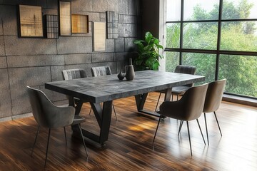 Metal dining table flat design side view industrial kitchen 3D render triadic color scheme