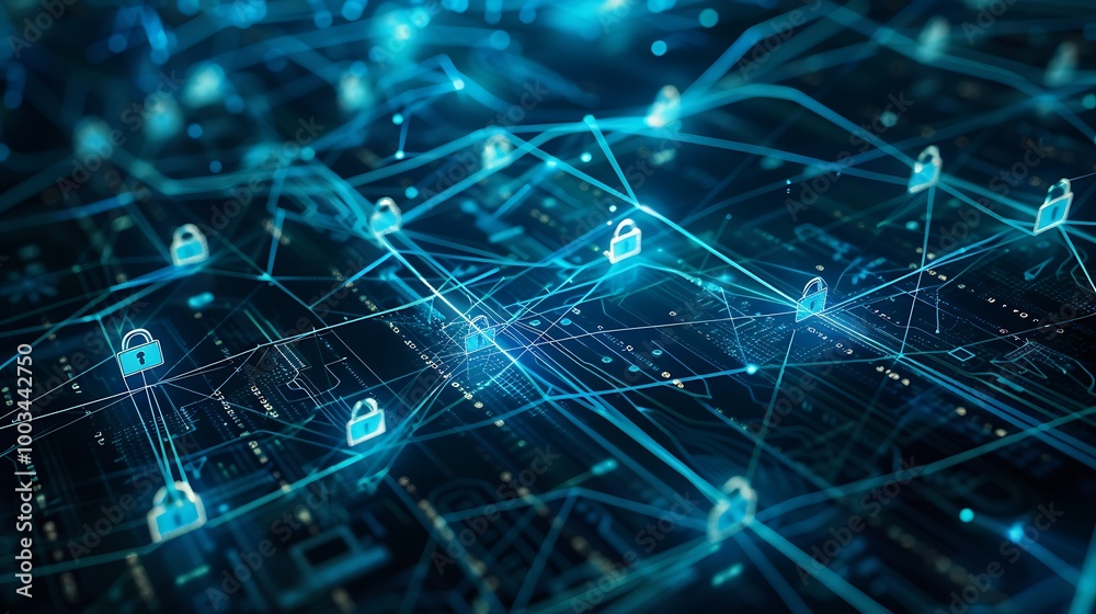 Aufkleber Complex Cyber Network with Data Flow and Embedded Security Icons
