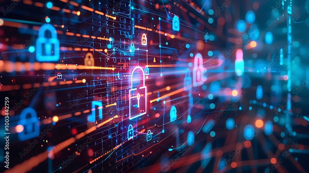 Aufkleber Complex Cyber Network with Data Flow and Embedded Security Icons
