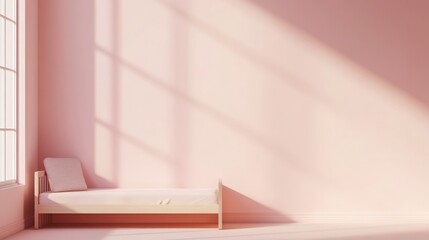 Mock up frame in an uncluttered empty room with pastel pink walls and a minimalist toddler bed, 3D render 