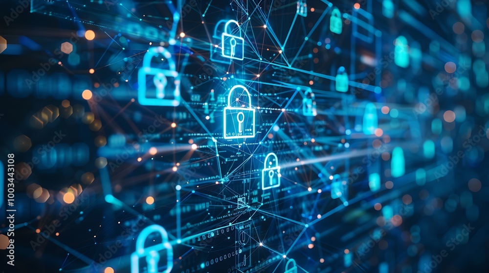 Aufkleber Complex Cyber Network with Data Flow and Embedded Security Icons