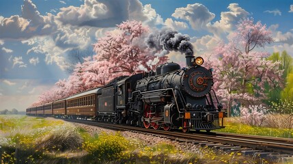 Fototapeta premium Train in the spring time. Wallpaper. Background