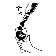 wine pouring into glass, hand holding wine glass