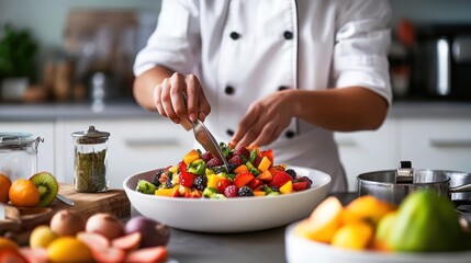 A chef prepares a bowl of fresh fruit salad in a modern kitchen.