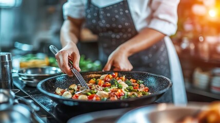 Naklejka premium A chef stirring vegetables in a frying pan with a fork.
