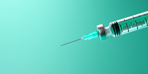 A close-up of a syringe filled with a teal liquid, poised against a smooth gradient background.