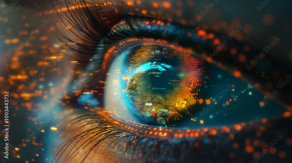 Wall mural a close-up of an eye with the reflection of digital data and numbers, symbolizing vision in ai techn