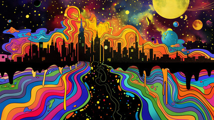 Obraz premium A bright colorful drawing of the silhouette city skyline on top, with glowing black liquid flowing down into an underground ocean in the foreground, psychedelic art 