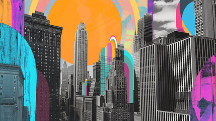 A collage of vintage New York City skyscrapers, with the sun setting behind them in vibrant colors. 