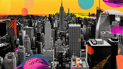 A collage of vintage New York City skyscrapers, with the sun setting behind them in vibrant colors