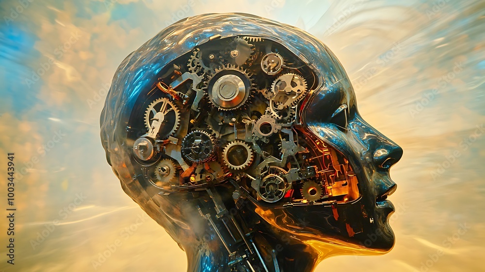 Poster a metallic human head with gears and cogs inside, representing artificial intelligence and human tho