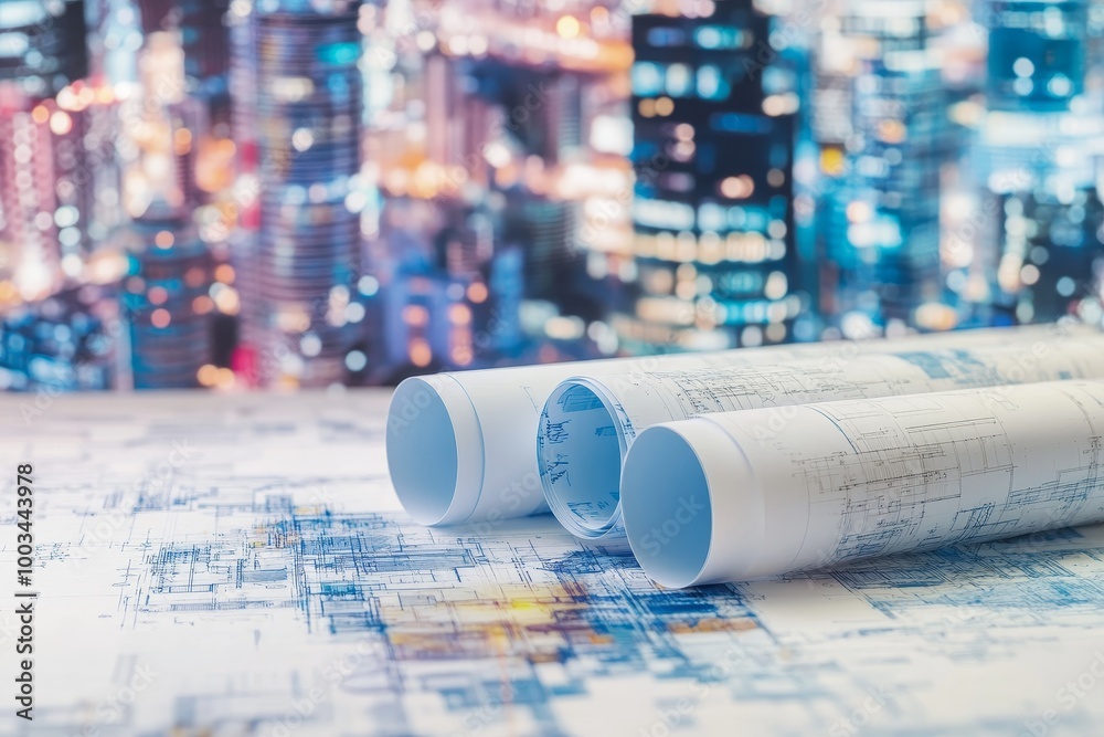 Poster rolled up blueprints on a desk with a blurred city skyline in the background.