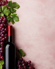 A glass bottle of red wine surrounded by fresh purple grapes and green leaves on a soft pink background.