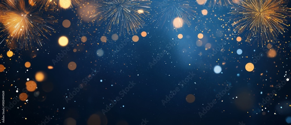 Poster Abstract background with golden fireworks and bokeh lights on a blue background.