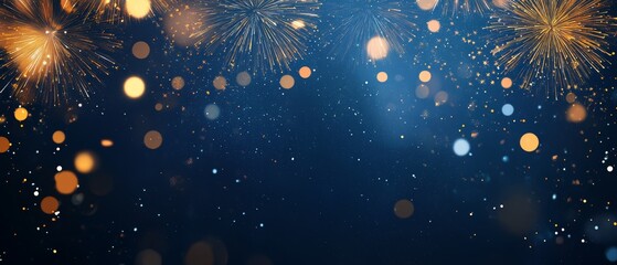 Abstract background with golden fireworks and bokeh lights on a blue background.