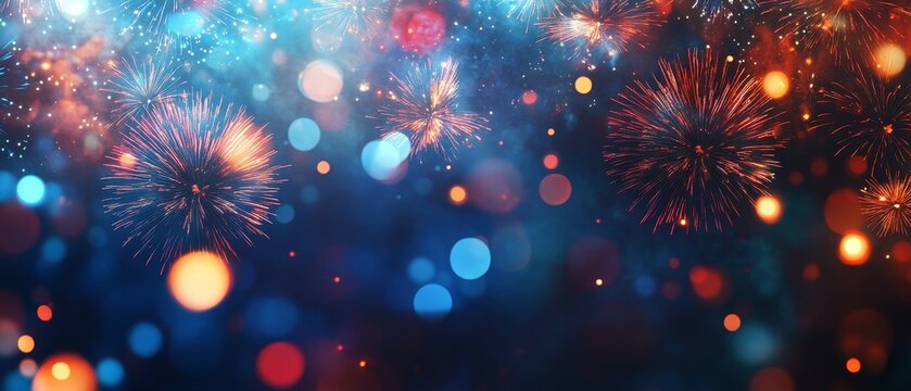Festive celebration with colorful fireworks and bokeh lights in the night sky.