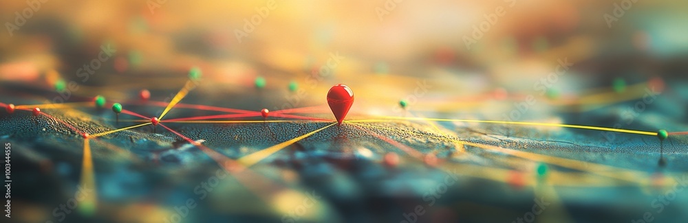 Poster Close-up of a red push pin on a map with connecting strings.