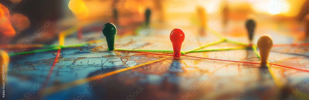 Aufkleber Colorful pins connected by strings on a map with a blurry background.