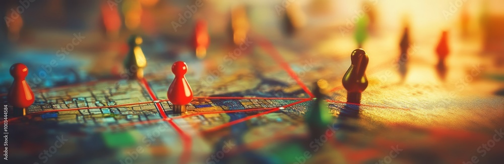 Poster Close-up of red and green pins on a map with red lines showing the route.