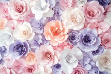 A close-up of a colorful wall of paper flowers in pink, purple, and white.