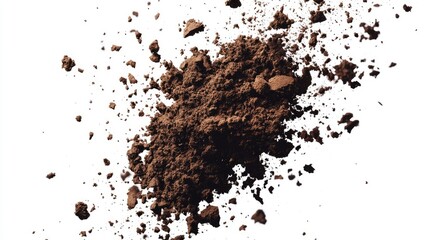 A flying pile of soil dirt suspended mid-air, scattering in every direction against a bright white background.