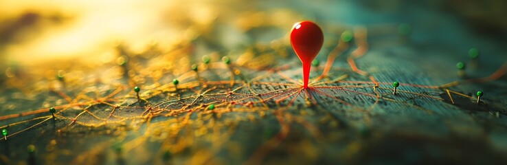 A red push pin stands out from a group of green push pins on a map with lines connecting them, signifying a key location or destination.