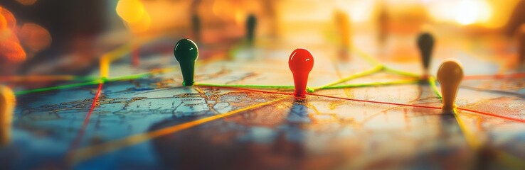Colorful pins connected by strings on a map with a blurry background.