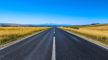 Naklejka premium Open road through yellow fields under blue sky