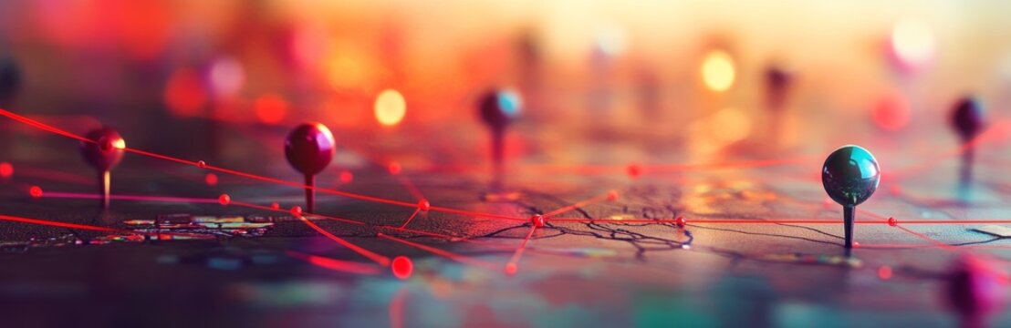 Red strings connect colorful pins on a blurry background.
