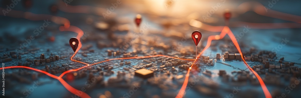 Poster Red lines on a futuristic city map with pin pointers.