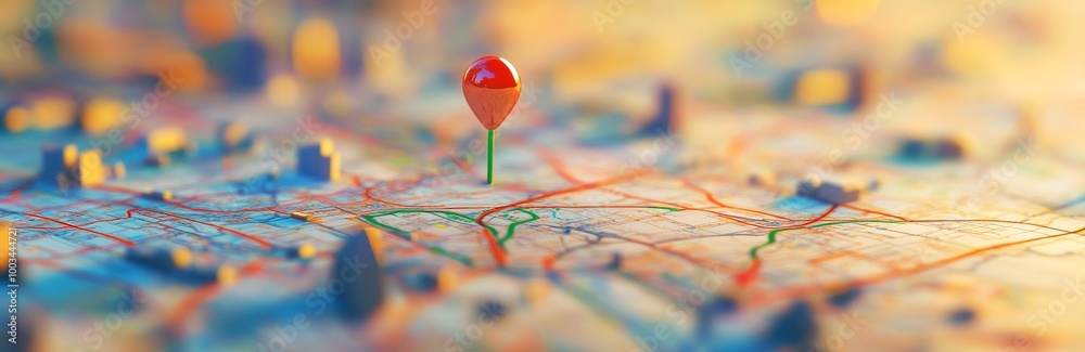 Poster red pin on a colorful map, representing a location or destination.